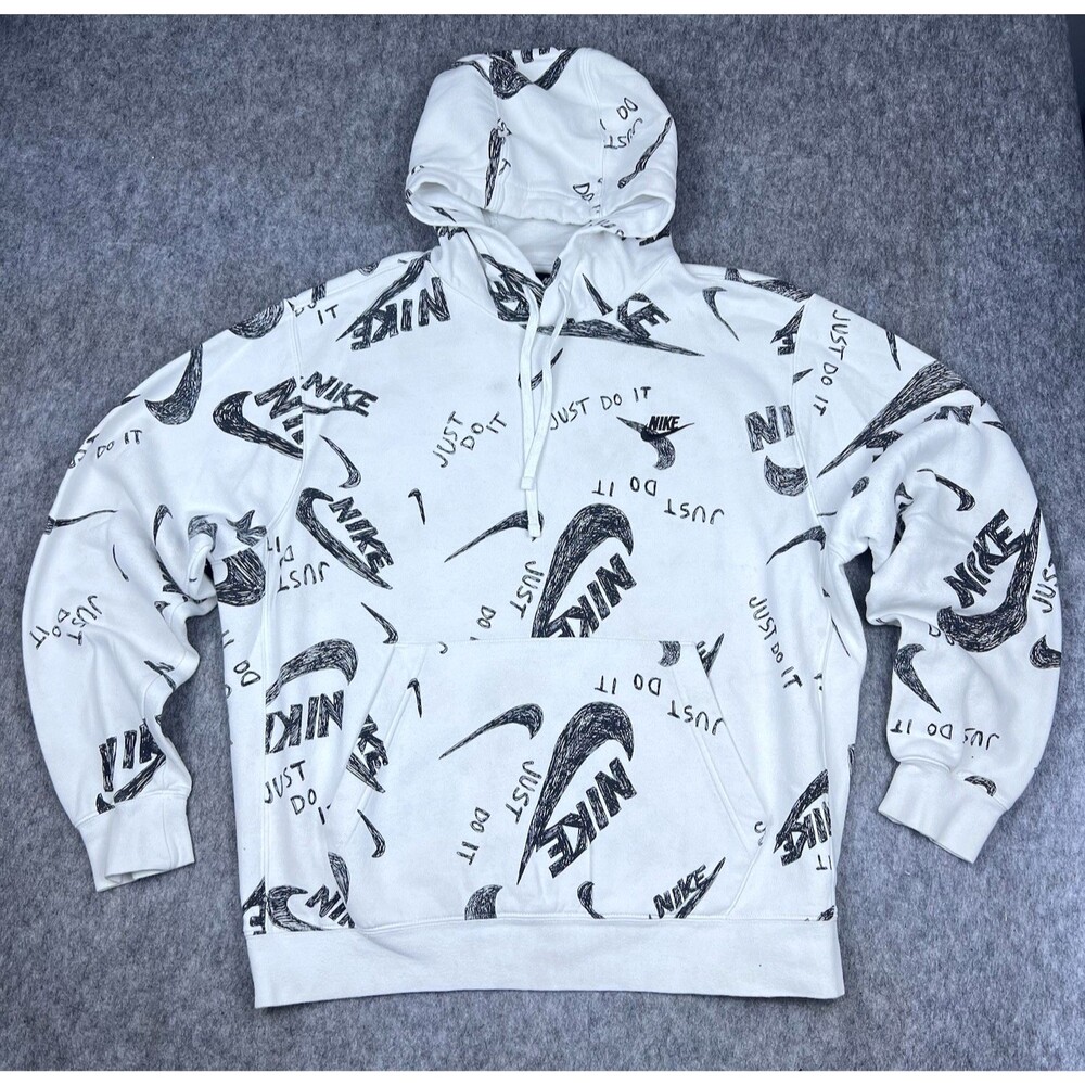 Nike Men's Hoodie Sweatshirt White Just Do It Allover Graphic Pullover Size L